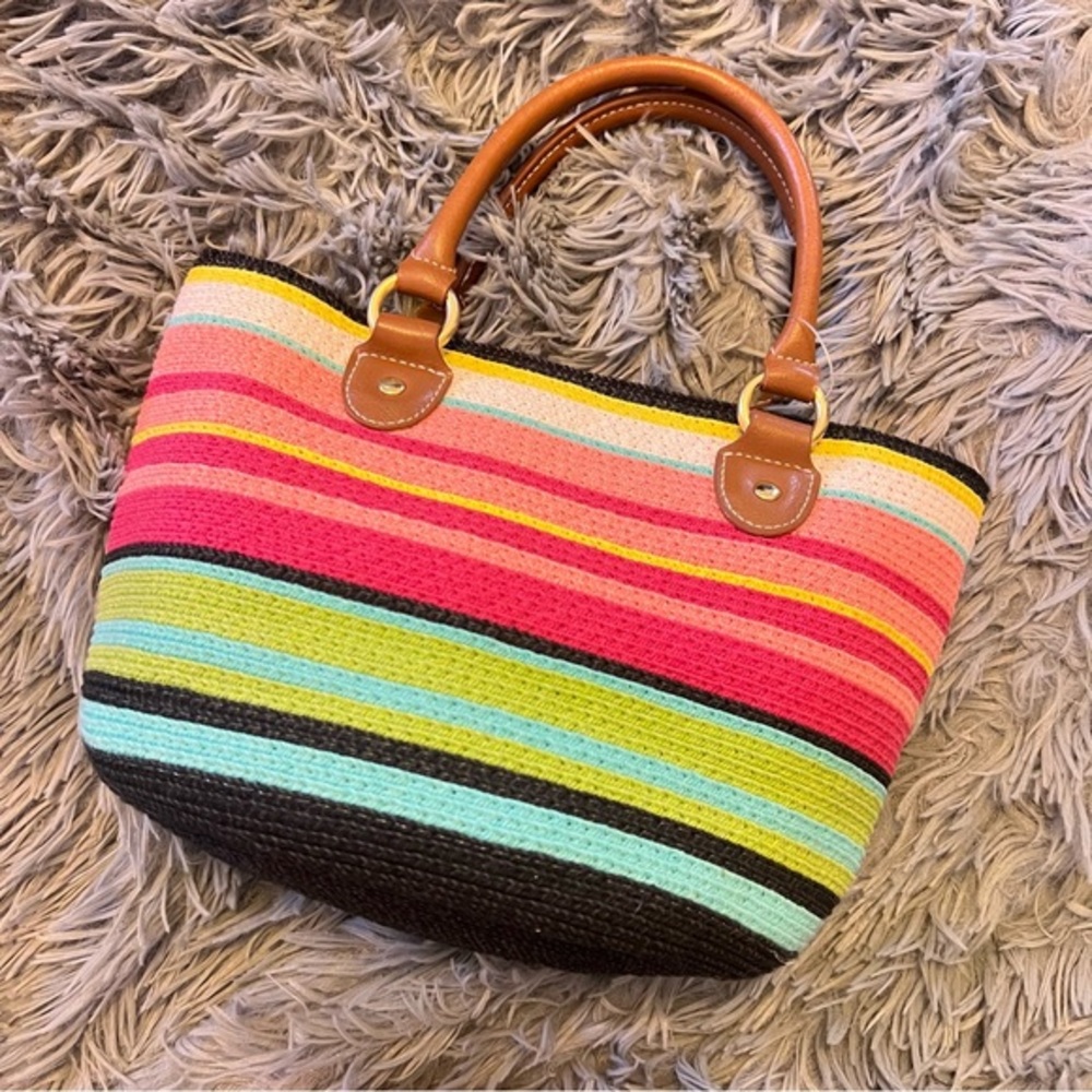 Colorful Striped Woven Tote with Tan Handles
